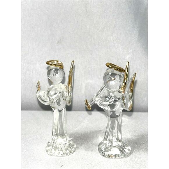 2 Blown Glass Gilded Standing Angel Decor Ornaments Clear Handmade Glass - Picture 2 of 7